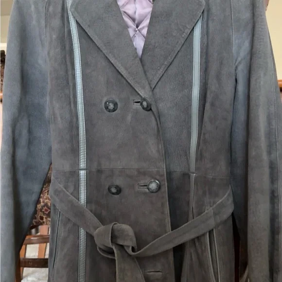 VINTAGE ‘80’s Double-Breasted Suede Trench Coat - Gray - Picture 2 of 12